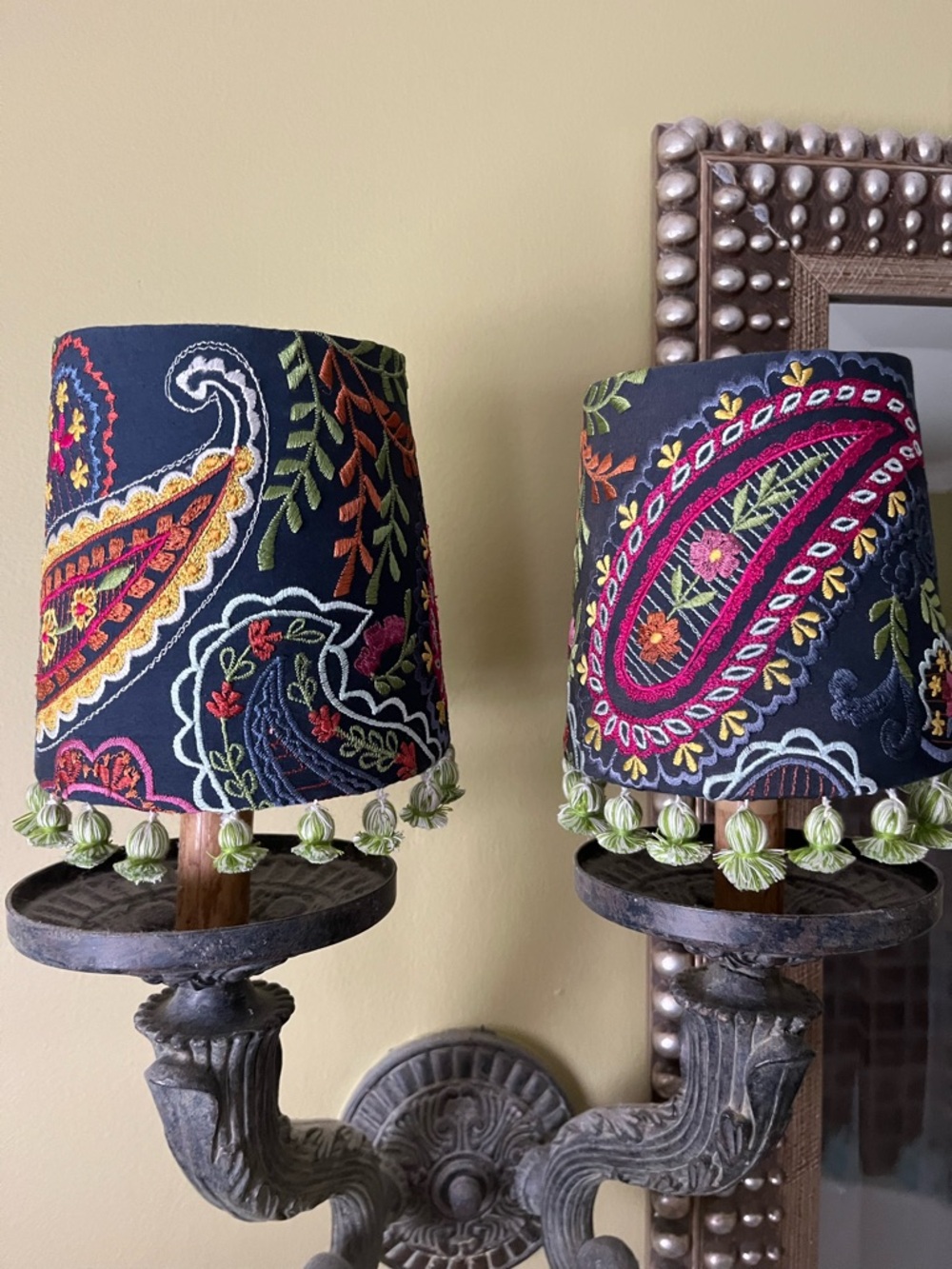 Embroidered Paisley Table Chandelier Shade with Green Tassel Trim